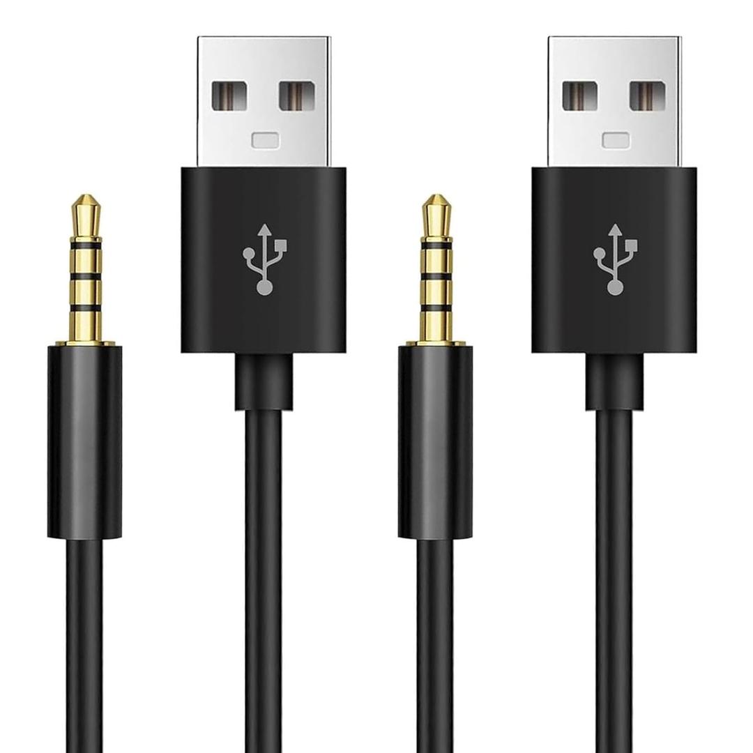 iPod Shuffle Cable, 3.5mm Audio Jack to USB Charging and Data Transfer Cable, USB Data Sync & Charging Cable LeadCompatible with iPod Shuffle 3 4 5 6 7 MP3 Player Black2 Pack