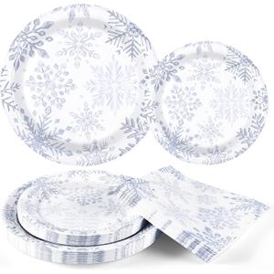 Homlouue 200 PCS Christmas Paper Plates and Napkins Sets, Snowflake Paper Plates and Napkins Disposable, Heavy Duty Christmas Plate Disposable, Silver Snowflake Holiday Plate Napkin, Serve 50 Guests