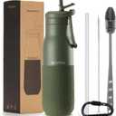 Insulated Stainless Steel Water Bottles with Straw, Wall Vacuum Insulated Water Bottle for Gym Traveling Camping Hiking Outdoor Activity(2 Cleaning Brushes+1 Carabiner, 18 oz Green)