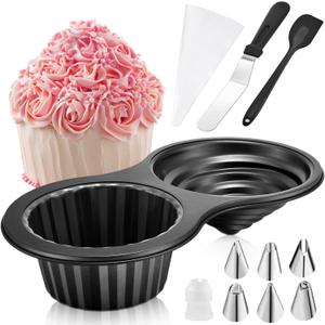Giant Cupcake Pan 15x 8in set Cake Decorating Supplies Kit,Jumbo Cupcake Cake Mold with Stainless Steel Spatula Silicone Scraper Icing Piping Tips Icing Comb Scraper for Cake Baking Supplies