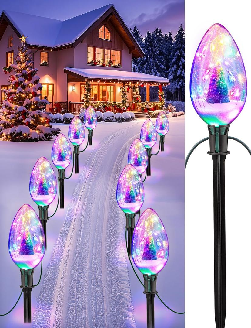 Brightever 2-Pack Jumbo C70 Christmas Pathway Lights Outdoor, 16FT 10 LED Hanging Waterproof Plug-in Christmas Decorations with Stakes, Built-in Miniature Xmas Tree Snow Scene with Multicolored Lights