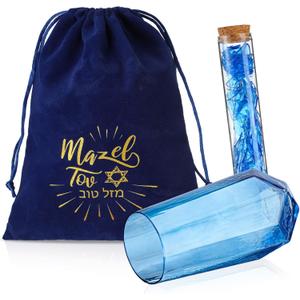 3 Pcs Jewish Wedding Chuppah Breaking Glass Jewish Gifts for Couples Engagement Marriage Anniversary Ceremony Blue Glass Souvenir Vessel Groom with Drawstring Bag