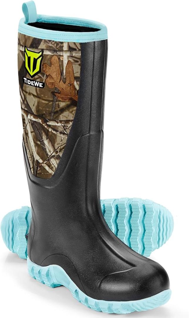 TIDEWE Rubber Boots for Women Multi-Season, Waterproof Rain Boots with Steel Shank, 6mm Neoprene Durable Rubber Neoprene Outdoor Hunting Boots Realtree Edge Camo , 6