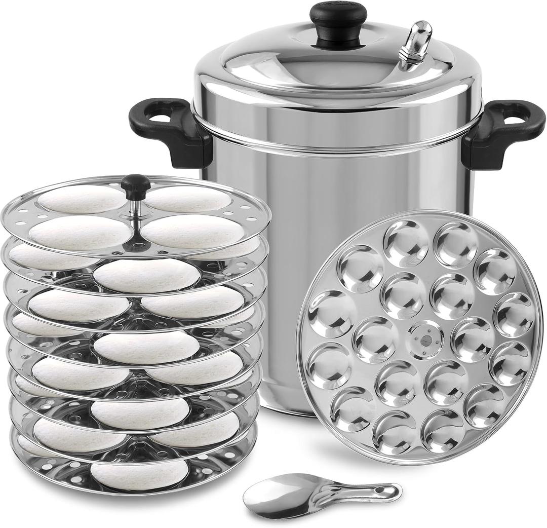 KSJONE 8 Liter Large Stainless Steel Idli Cooker with Whistle Indicator, Food Grade 8 Idli Plates For Cooker, Electric Pot, Insta Pot - 8 Idli Plates & 1 Mini Idly Plates, Makes 32 Idlis