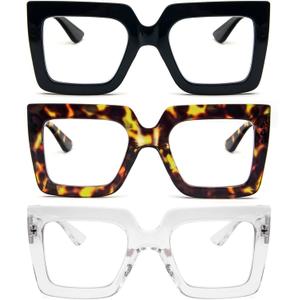REAVEE 3 Pack Oversized Reading Glasses for Women Large Frame Extra Wide, Blue Light Blocking Stylish Thick Square Readers (Black + Leopard + Clear)