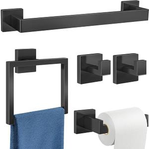 Gypie 5Piece Bathroom Hardware Accessories Set, Towel Racks for Bathroom Wall Mounted Stainless Steel, Matte Black Towel Bar Set 16In