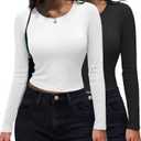 Zeagoo Womens Ribbed Fitted Crop Tops Long Sleeve T Shirts Basic Scoop Neck Casual Slim Fitted Y2k Clothes 2026 (XXL)