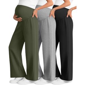 3 Pack Women's Maternity Lounge Pants Wide Leg Over The Belly Pregnancy Pajama Pants Loose Casual Trousers (Large, Army Green, Light Heather Gray, Black)
