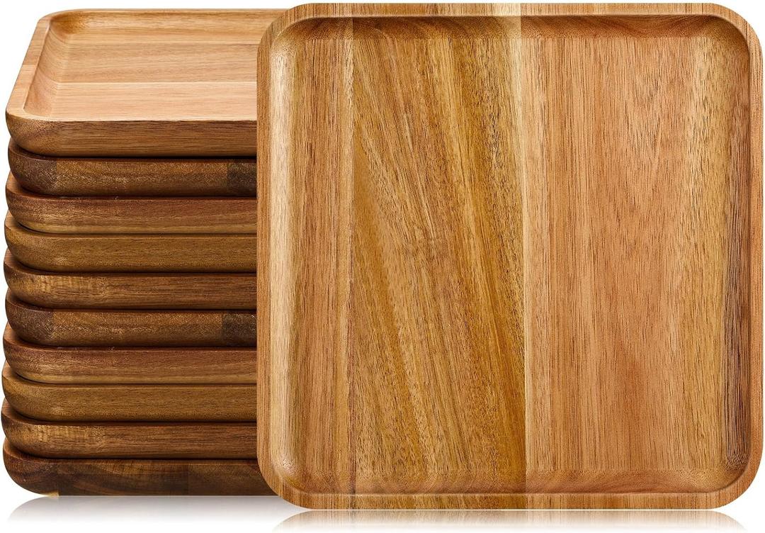 Didaey 10 Pcs Acacia Wood Square Plates 8" Wooden Plates Serving Trays for Meal Dishes Snack Dessert Easy Cleaning and Lightweight, Not Dishwasher