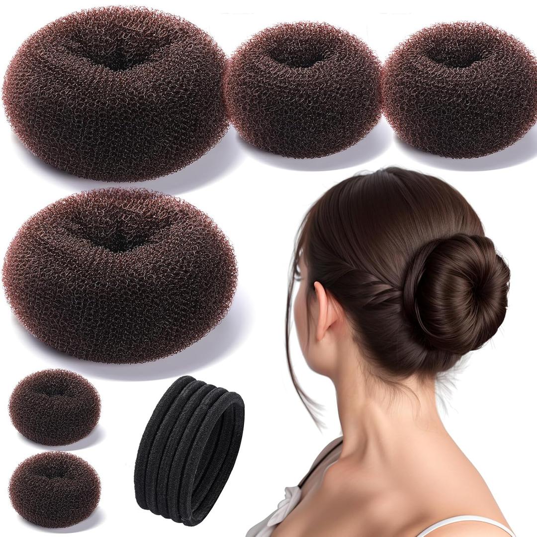 Teenitor Donut Hair Bun Maker Set, Hair Bun Shaper Set with Large, Medium, Small Hair Donuts For Buns, Hair Accessories For Girls, 5 Elastic Bands, Dark Brown (1 Count (Pack of 1))