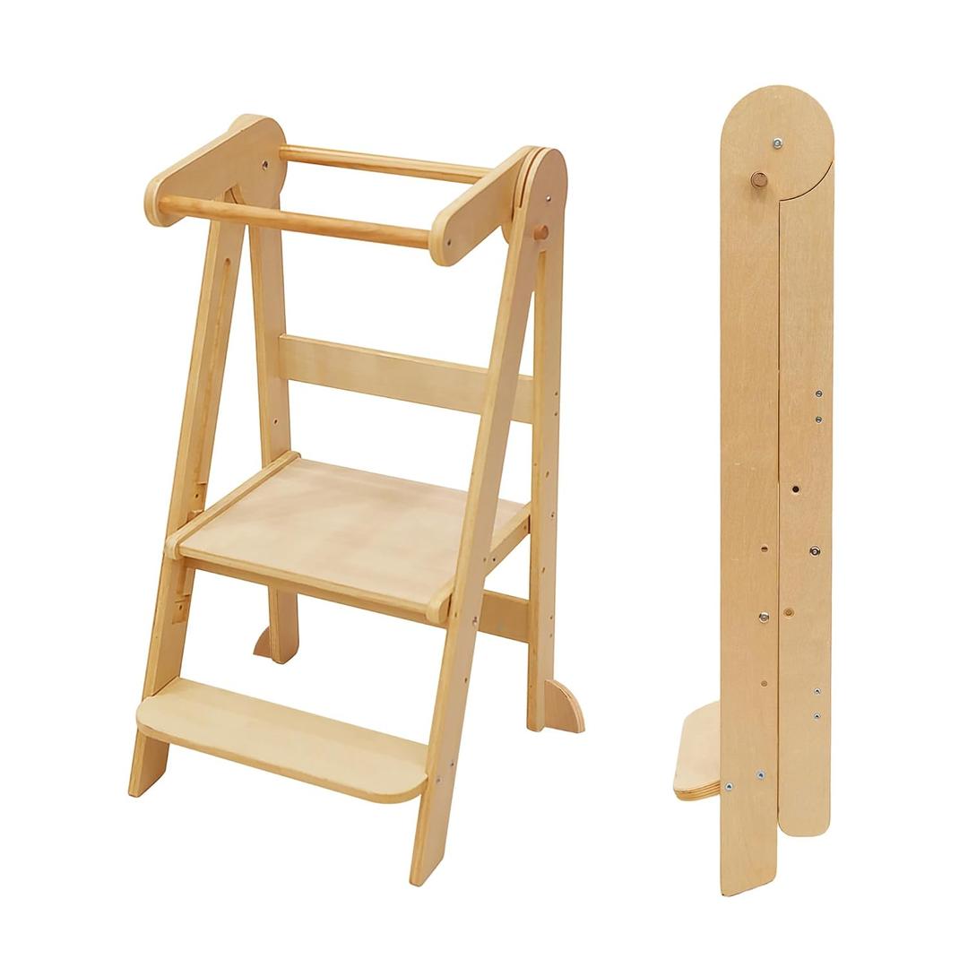 Foldable Toddler Tower Preassembled Kitchen Stool, Folding Tower for Learning with 3 Adjustable Heights Montessori Toddler Standing Tower Collapsible Step Stool for Kids 1.5-6y Natural