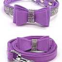 Dogs Kingdom Rhinestone Bling Dog Cat Collar Leash Set Crystal Diamonds Studded with Cute Bowknot Puppy Dogs Collar Leash Set Adjustable with Soft Velvet,Purple,L:14.5-18.5" Neck