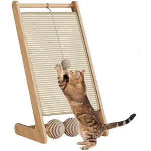 THEYFIRST Traiangular Wooden Cat Scratching Board for Indoor Cats, 24.8" Tall L Shaped Scratcher Ramp with Ball for Kitten Kitty, Replaceable Sisal Pad & Playing Ball, 1 Pack