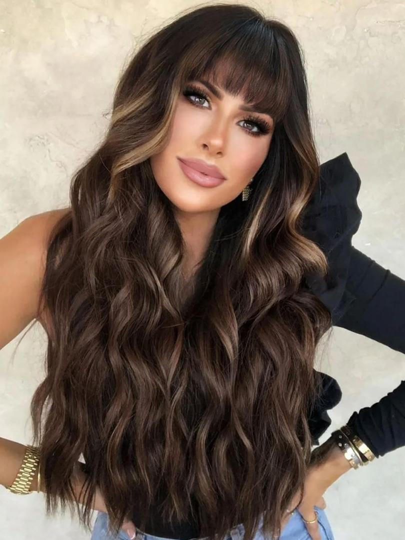 AISI QUEENS Brown Wig with Bangs for Women Long Wavy Hair Wig Brown Highlight Wig Curly Wavy Synthetic Wigs for Girls Daily Party Use (Brown Mixed Blonde)