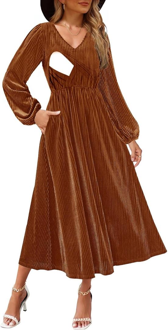 Women's Nursing Long Sleeve V Neck Velvet Maxi Dress Flowy Wedding Party Dresses with Pockets (Brown)