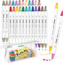 Ohuhu Journal Pens 24 Colors Dot Markers Dual Tips (Calligraphy Brush & Dot) for Adults Water-based Metallic & Regular Colors Dot Pens for Lettering Journal Scrapbooking Coloring Markers - Kumimi