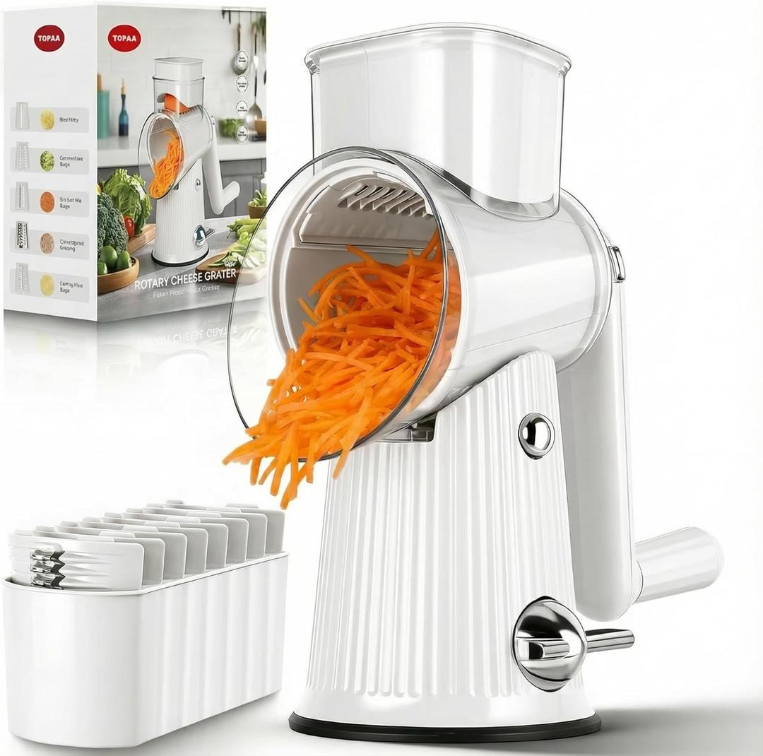 Rotary Cheese Grater with Handle - Vegetable Shredder with 5 Blades & Strong Suction Base, Round Slicer & Food Chopper for Kitchen (White)