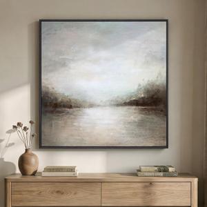 Framed Neutral Abstract Lake Landscape Canvas Wall Art Decor, 30x30 In