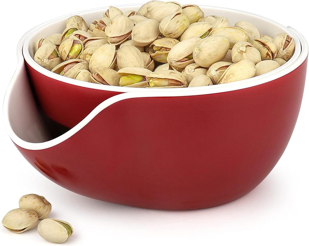Pistachio Bowl, Snack Serving Dish, Double Peanut Bowl with Nut Seeds Shell Candy Storage, Red