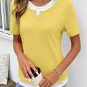 SHEWIN Womens Tops Casual Crewneck Color Block Short Sleeve Mock Double Layer T-Shirt Summer Outfits for Women 2026 (Yellow, M)