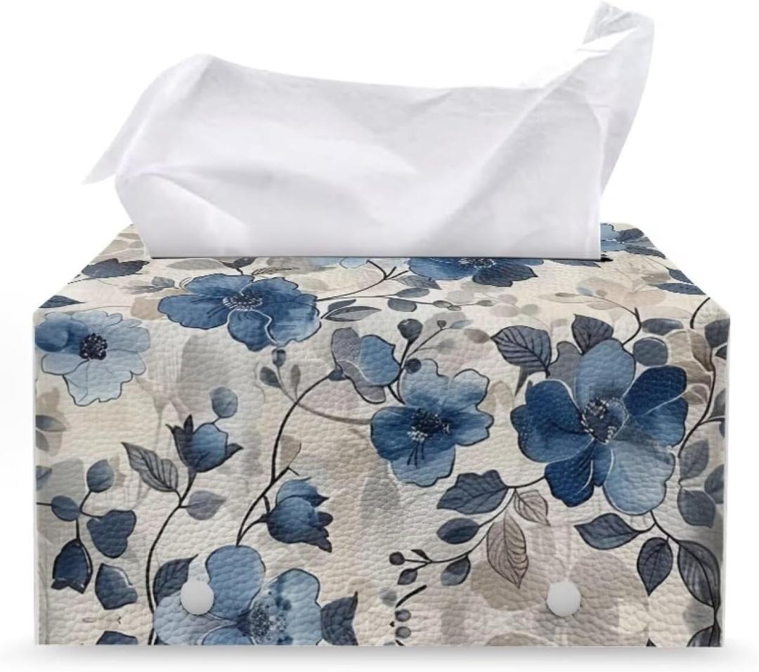Blue Tissue Tissues Boxes Holder Floral Tissue Box Cover Rectangular Beige Leather Tissue Tissue Box Holder Hotel Easy to Clean Tissue Case