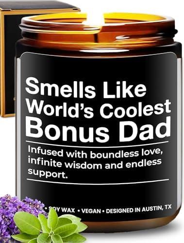 World's Coolest Bonus Dad Candle, Unique Sentimental Father's Day & Birthday Gift for Step Dad, Thoughtful Gifts for Father in Law, Best Presents for Birthday, Christmas, Special Occasions, Gift Ready, Set Of 2