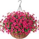 Artificial Fake Hanging Plants Flowers Basket for Outdoor Outside Porch Summer Decoration, Faux Silk Hotpink Dasiy UV Resistant Realistic in Planter for Home Patio Garden Yard (Rose Red)