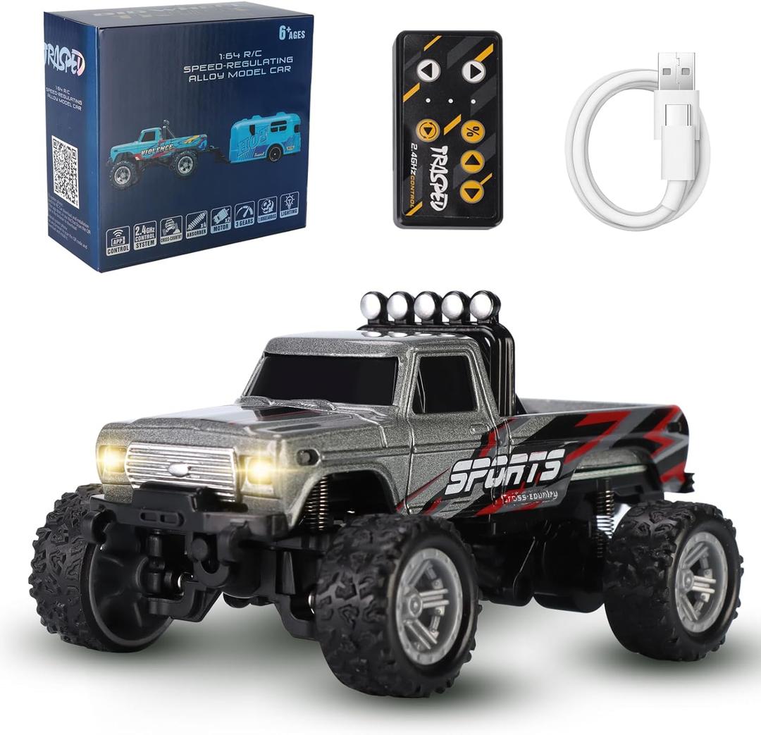 Mini RC Truck,1:64 Scale Monster Truck Remote Control Car with Lights, 2.4Ghz Remote Control RC Car and Trailer, Speed and Steering Adjustable (Gray)