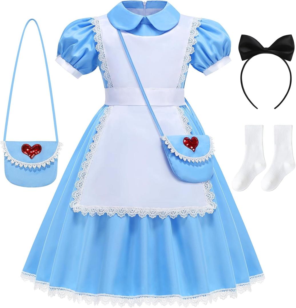 Girls Blue Dress Princess Fancy Dress Up for Halloween Cosplay with White Apron Bow HairBand Bag Socks Set (4T-4)
