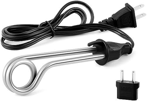 Huquary 1 Piece Portable Immersion Water Heater 300W 120/240V Electric Camping Accessories Dual Voltage Immersion Heater Travel Boiler Water Heating Rod with Travel Adapter for Coffee (Black)