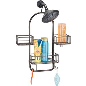 mDesign Modern Metal Wire Bathroom Tub & Shower Caddy, Hanging Storage Organizer Center - 2 Wash Cloth/Razor Hooks, 3 Baskets - for Bathroom Shower Stalls, Bathtubs - Rust Resistant - Bronze