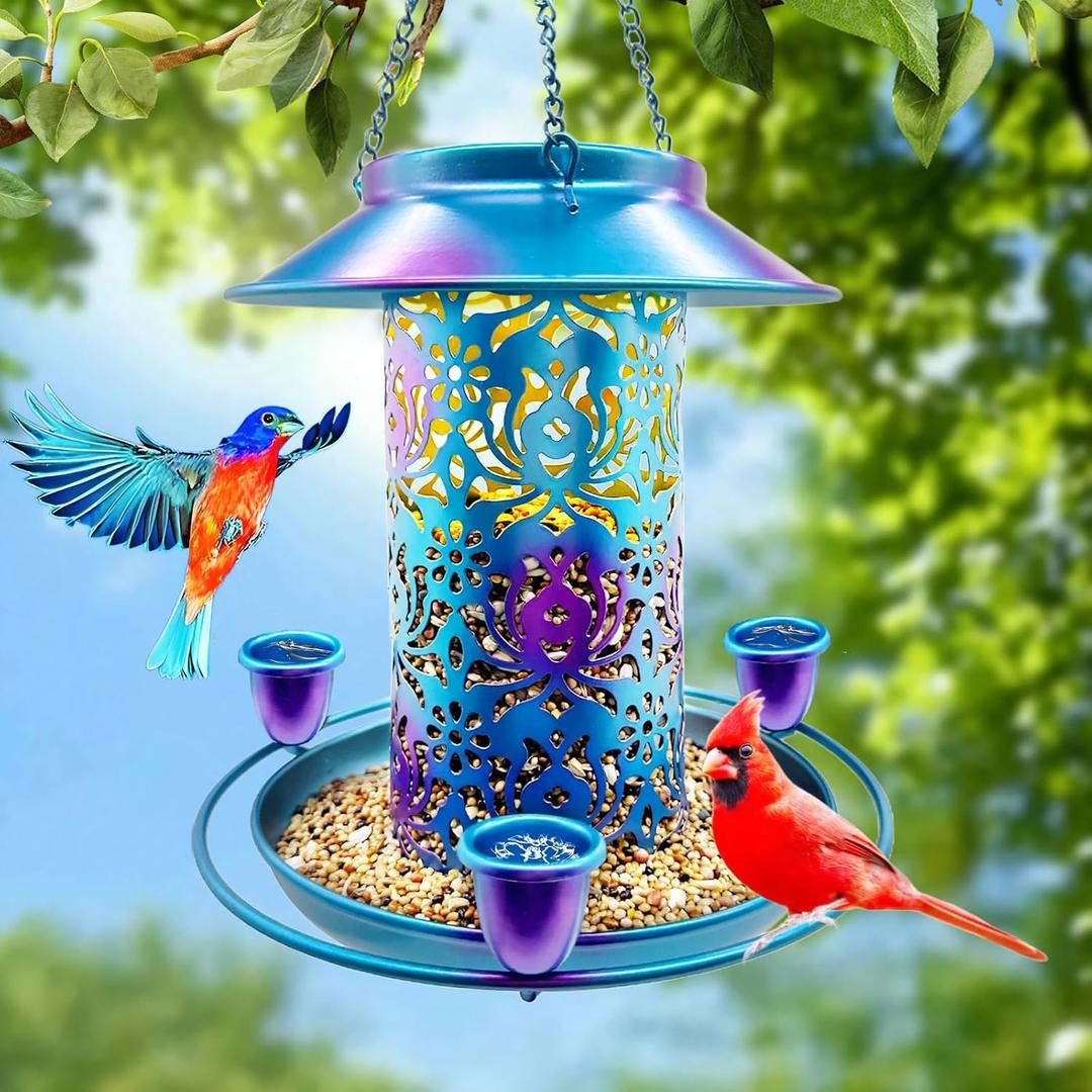 Solar Bird Feeder for Outdoors, 3 Nectar Cups for Hummingbirds, Metal Squirrel-Proof Weatherproof, 2-in-1 Garden Lantern Auto Light at Night, Perfect for Birthdays, Christmas, Bird Lovers