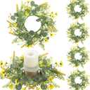 Suncalla 6 Pcs Spring Daisy Candle Rings Wreaths for Kitchen Cabinet Artificial Yellow Flower Mini Wreath Pillar Candle Holder for Easter Wedding Party Tabletop Centerpiece Decor