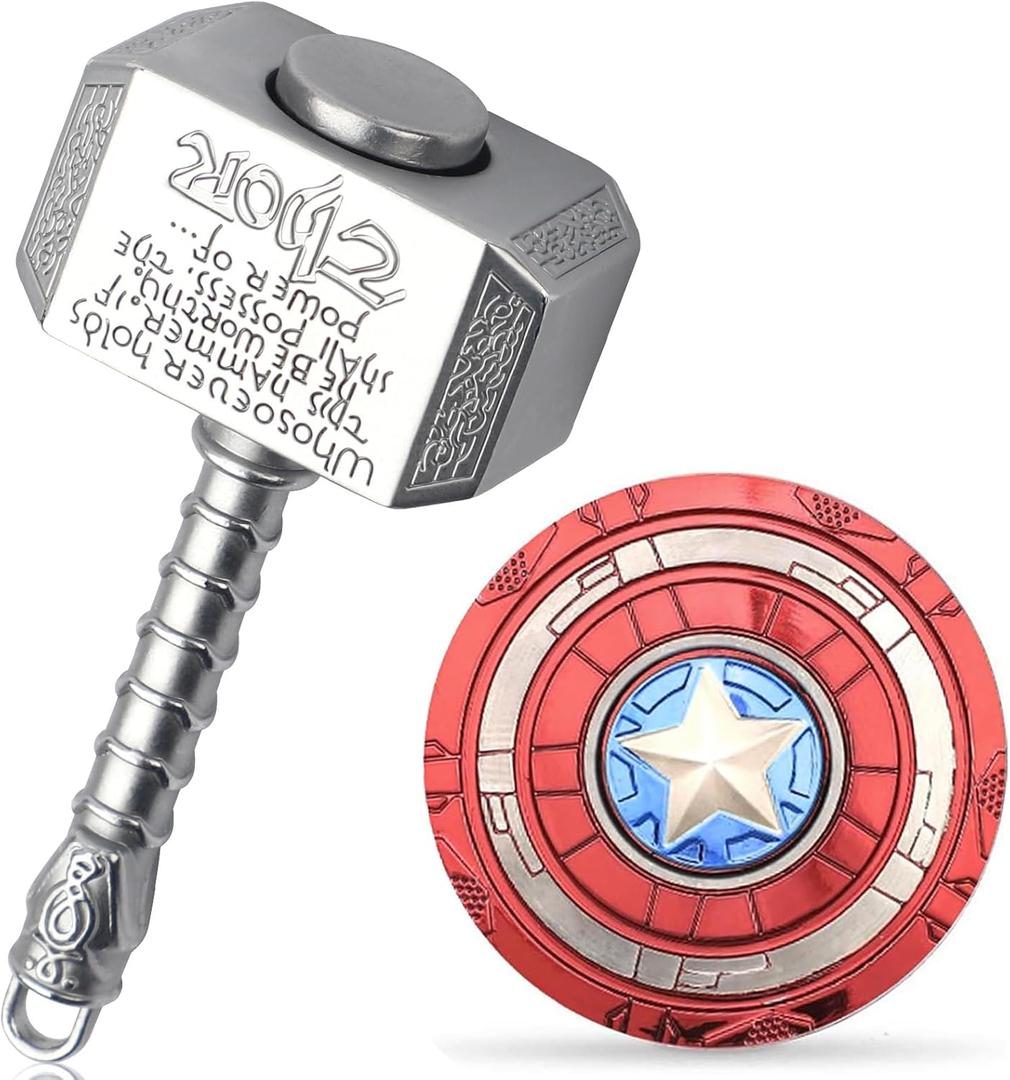 Mini Hammer Fidget Spinners Metal with Star Fidget Finger Spinner Toy, Fidget Keychian Chain Ring Cool Gadget Spinning Top Toy Focus Fingertip Gyro Stuff Gifts for Kids Adults (2 Pack) (Silver)