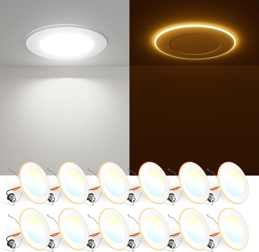 FREELICHT 12 Pack 5/6 Inch 5CCT LED Recessed Can Light with Night Light, 2700K/3000K/4000K/5000K/6000K Selectable Flat Recessed Lighting, 10W=110W, 1000LM, Dimmable Retrofit - ETL & FCC