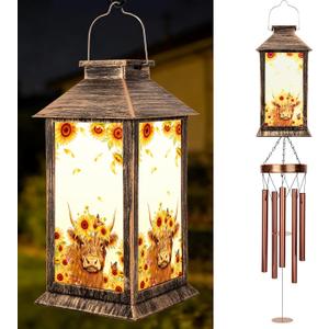 YHmall Highland Cow Wind Chimes for Outside, 37" Windchimes Outdoor Memorial Gifts for Women Mom Grandma, Hanging Solar Lantern Wind Chimes for Patio Garden Outdoor Decor
