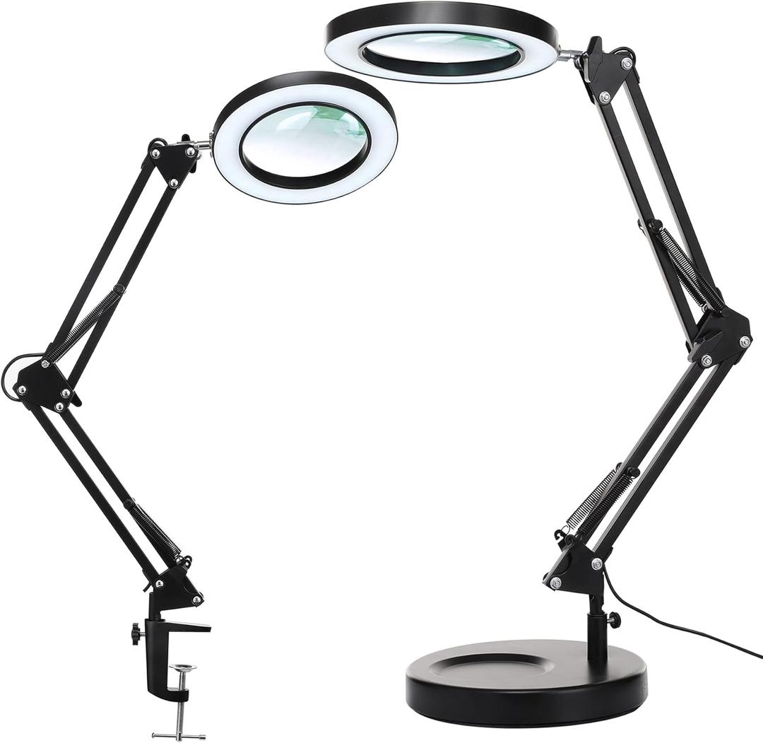 KIRKAS 10X Magnifying Glass with Light and Stand, 2-in-1 Stepless Dimmable LED Desk Lamp with Clamp, 3 Color Modes Lighted Magnifier Swivel Arm Light for Reading, Craft, Close Works - Black
