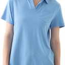 Women's V-Neck Ruffle Design Polo Shirts Short Sleeve Collared Loose Casual Tunic Blouses with Pocket (Blue, L)