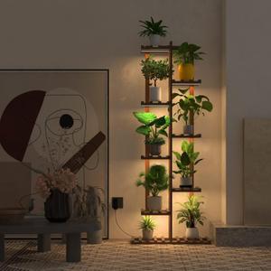 Solatmos Wood Plant Stand With Grow Lights Indoor Plants Outdoor Corner Plant Shelf Flower Stands for Living Room Patio Garden Corner Balcony (Brown, 8 Tier)