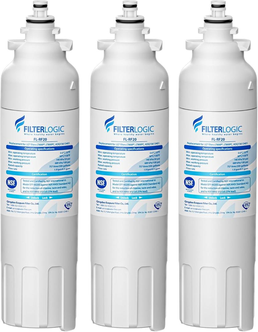 Filterlogic ADQ73613401 Refrigerator Water Filter, Replacement for LG LT800P, LT800PC, ADQ736134, ADQ73613402, LSXS26326S, LSXS26366S, LMXS30776S, LSXS26366D, LMXC23746S, 46-9490, 469490, Pack of 3