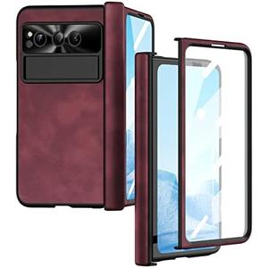 GOUHGKH Pixel Fold Case, Leather Magnetic Hinge Protection Cover Built-in Screen Protector, Compatible with Google Pixel Fold 2023 (Red)