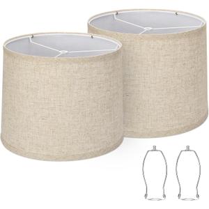 Lampshades Set of 2, Drum Lampshades 11.6" Top x 12.6" Bottom x 9.8" High, Seaside village Medium Lampshades (Spider Fitter), Beige Lampshades Natural Linen Hand Crafted, Easy Assembly Required