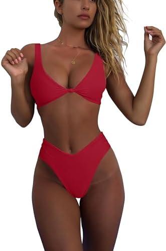 geluboao Bikini Set for Women Solid V Neck Knot Front Push Up High Leg Thong Two Piece Swimsuit, XL