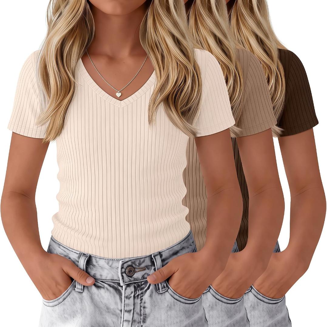 3 Pack Girls Ribbed V Neck Shirts | Short Sleeve, Kids Summer, T-Shirts, Tween, Fitted Tops, Basic Cute Tees, 5-14 Years, Soft, Comfortable
