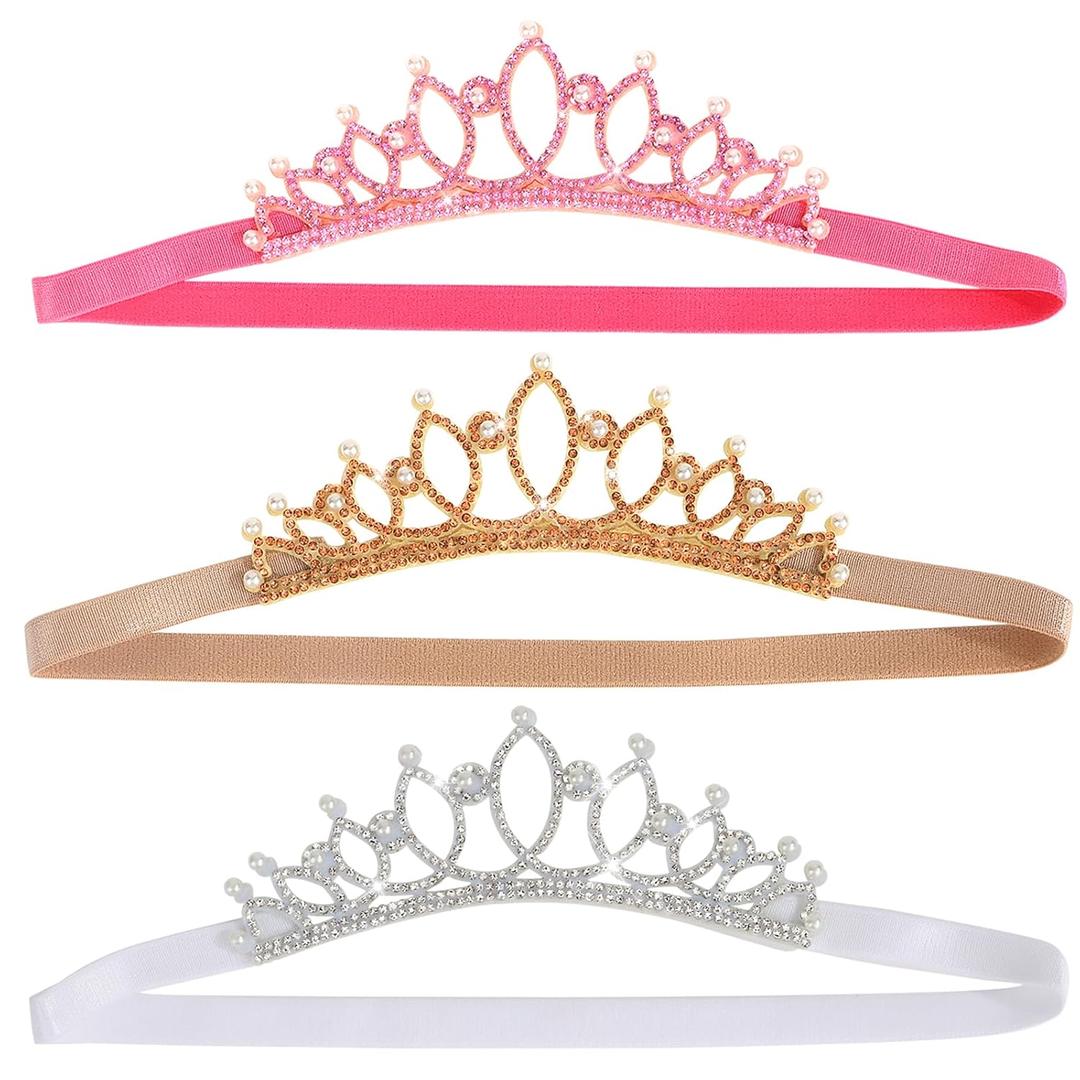 WHAVEL 3 Pack Elastic Crown Headbands for Little Girls Glitter Princess Tiara Headband for Girls Birthday Hair Accessories