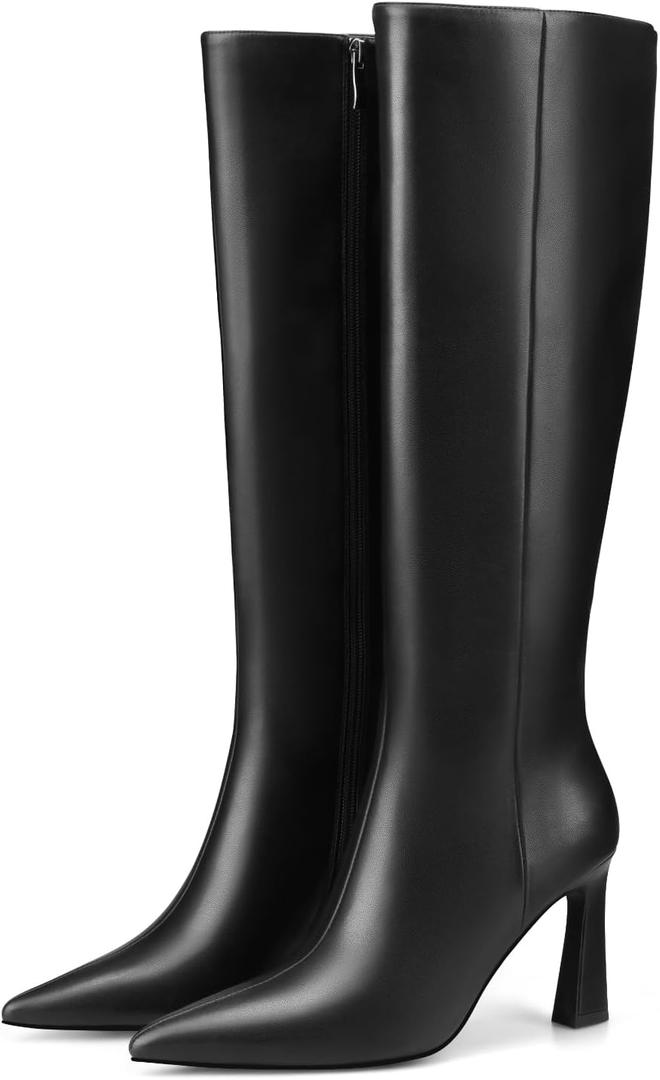 Adrizzlein Women Knee High Boots Pointed Toe Side Zipper Chunky Spool Heel Boot (7.5, Black Pu)