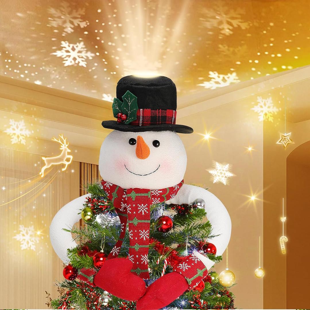 SunArtHome Christmas Snowman Tree Topper Projector  Lighted Snowman Hat with Rotating LED Snowflake Projection, Unique Holiday Tree Decoration for Christmas Party, Home Festive Décor