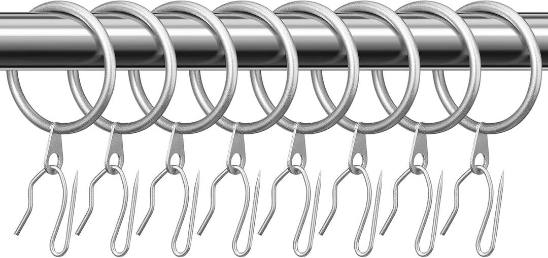 Hotop 30 Pcs Metal Drapery Curtain Rings 0.98/1.26/1.65 inch Interior Diameter and 30 Pcs Hanging Curtain Drapery Pin Hooks for Window Door Shower(Matte Silver,42mm)