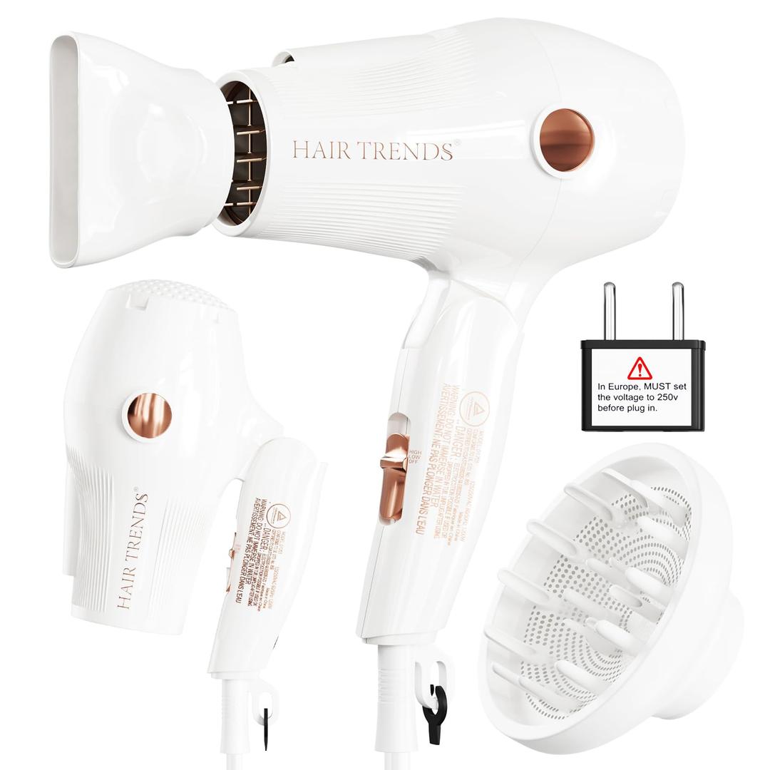 Travel Hair Dryer with Diffuser and Concentrator, Dual Voltage Hair Dryer (110V-250V) for European Trips, Compact Portable Blow Dryer for Women & Men with EU&UK Plug