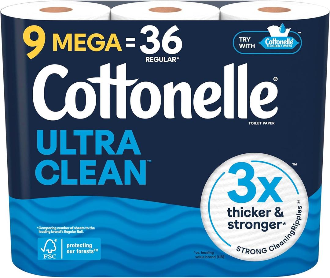 Cottonelle Ultra Clean Toilet Paper, 9 Mega Rolls = 36 Regular Rolls, (284 Sheets (Pack of 4))